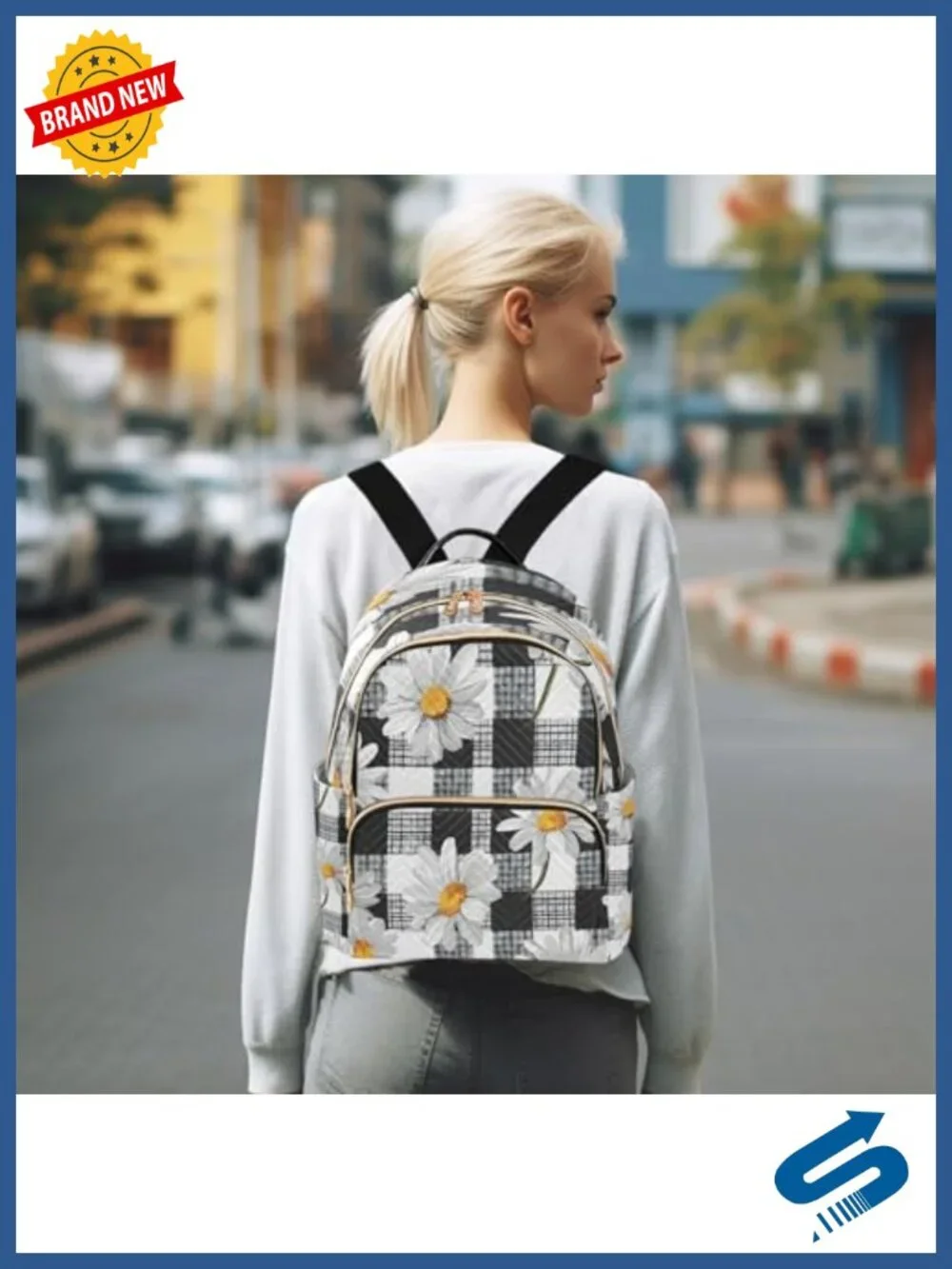 Daisy Floral Print Quilted Backpack Purse with Multiple Pockets Lightweight